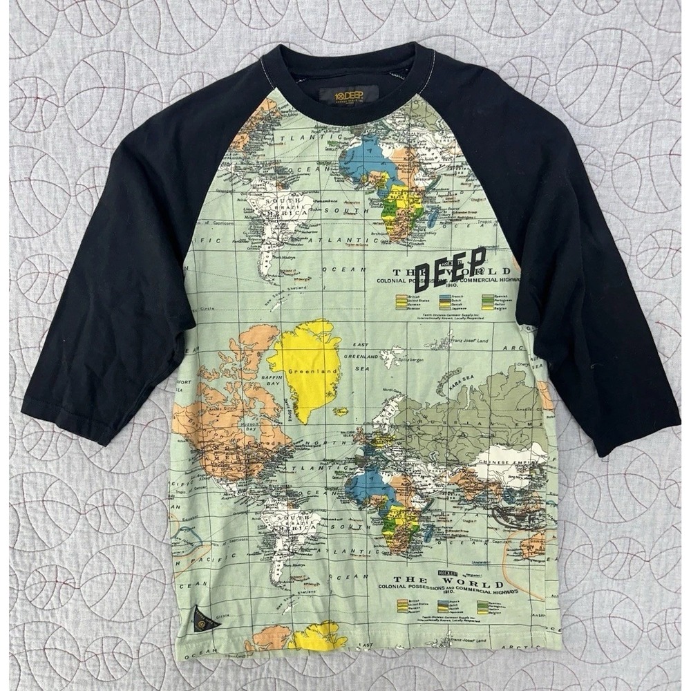 10.Deep 3/4 Sleeve The World Map Slope Baseball Shirt Mens Medium